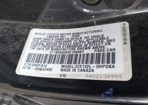2003 Toyota Matrix Standard from USA, damaged, VIN 2T1KR32E03C100487